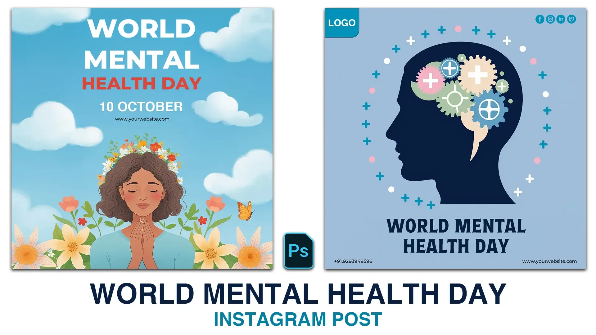 World Mental Health Day Instagram Post Featuring Serene Woman with Floral Background